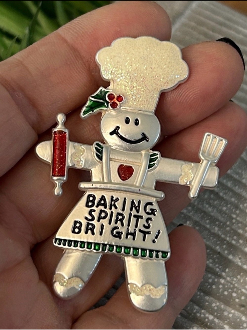 Holiday Gingerbread Chef Pin Silver Red & Green Accents BAKING SPIRITS BRIGHT